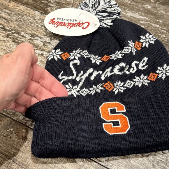 Syracuse Orange "S" Snowflake‎ Knit Pom Pom Beanie Hat Navy Fair Isle Cozy NEW - Picture 9 of 9